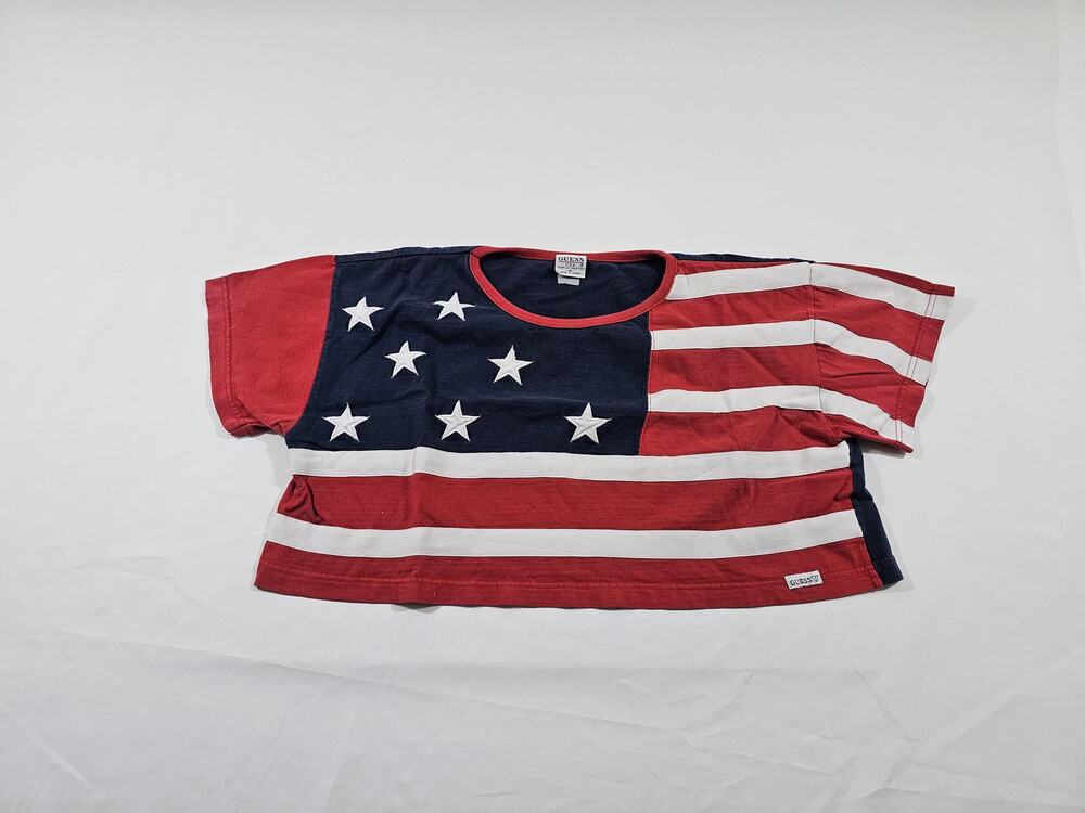 GUESS USA American Flag Cropped Cut-Off T-Shirt Red White Blue Sz M Vintage